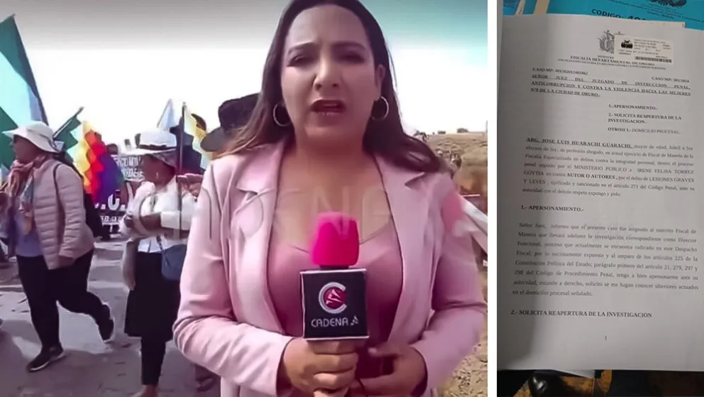 Irene Torrez, durante la cobertura de la marcha "evista" y la resolución de reapertura del caso. Foto: Captura - Visión 360
