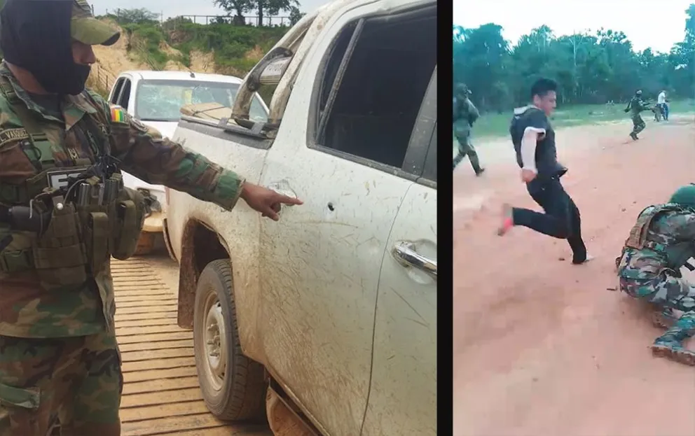 Policía muestra uno de los disparos a un vehículo, en recuadro la agresión a otro policía en Exaltación. Foto: Captura de video