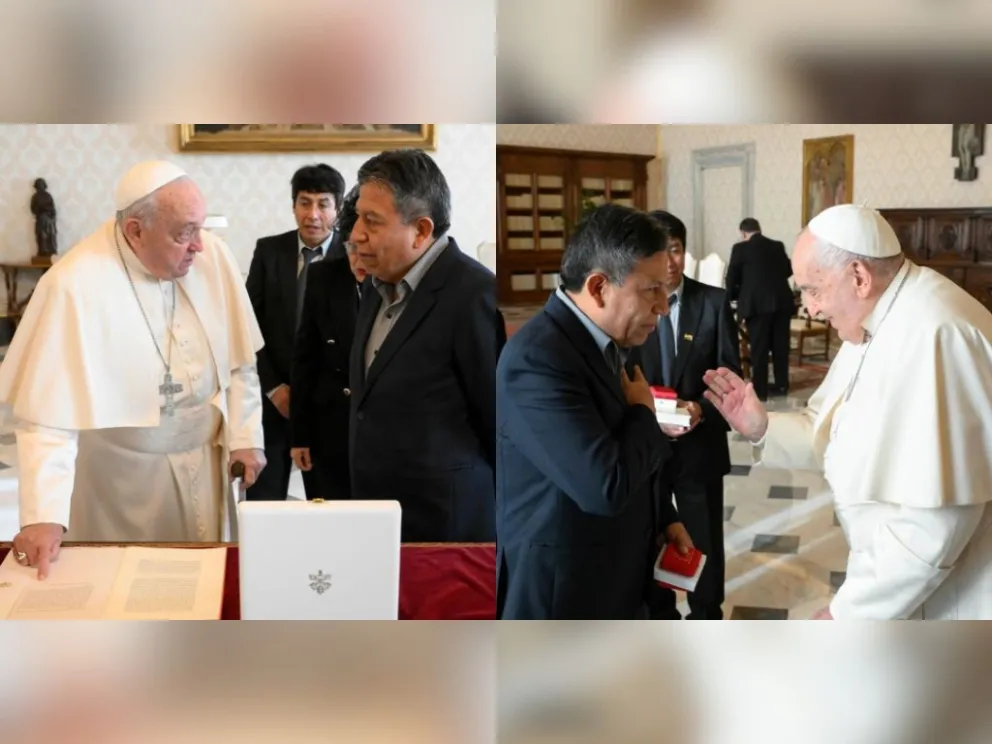 Dos instantáneas del encuentro de Francisco con Choquehuanca. Fotos: Vicepresidencia