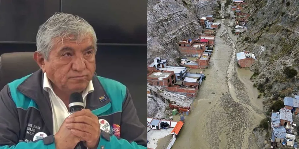 El alcalde de La Paz, Iván Arias, y una vista del desastre en Bajo Llojeta, luego de la mazamorra. Foto: Ahora el Pueblo