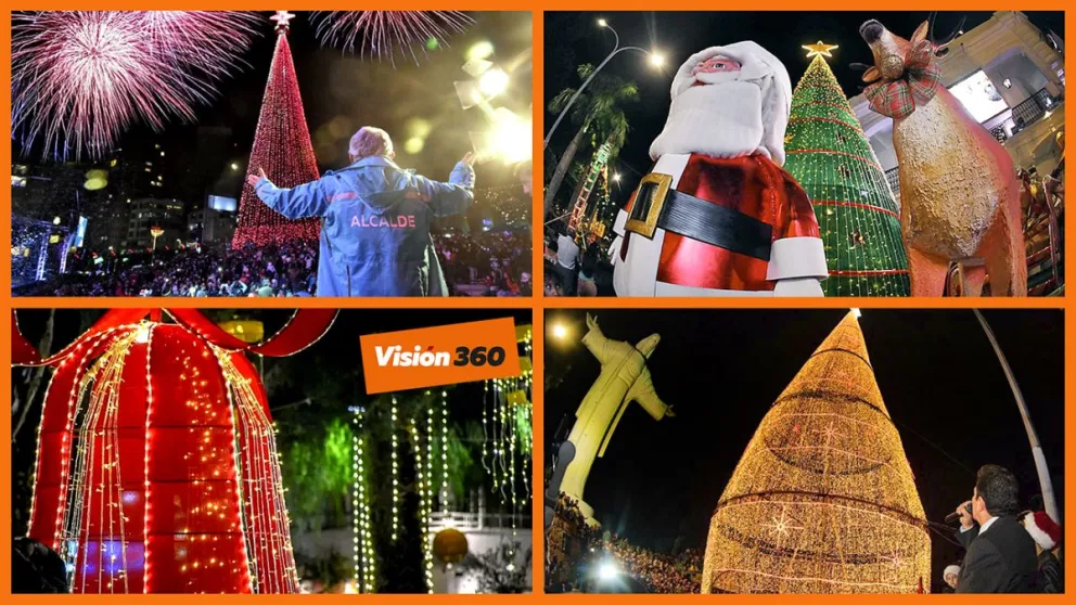 El encendido de luces en los municipios capitales del eje y Tarija. Fotos: municipios de La Paz, Cochabamba, Santa Cruz y Tarija. Montaje: Visión 360 