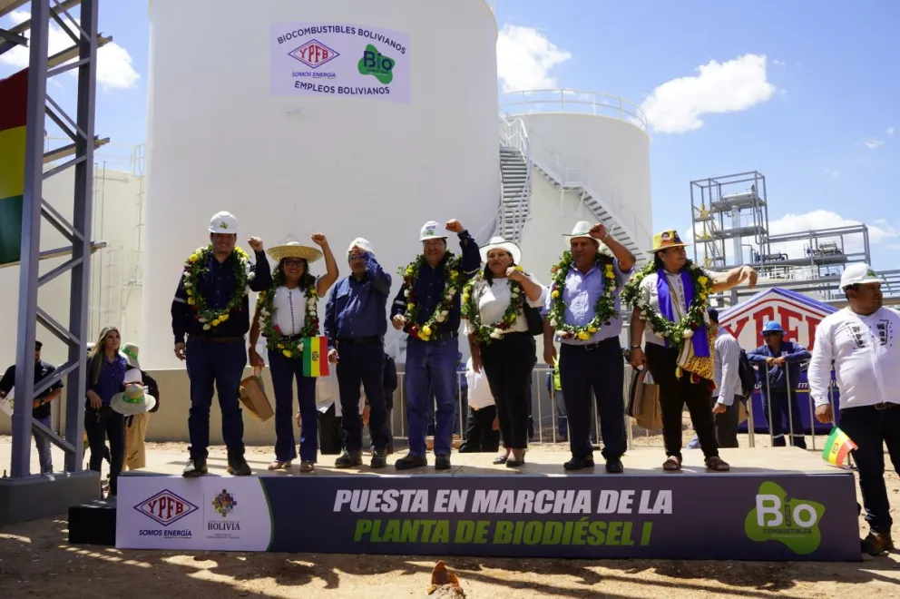 El presidente del Estado, Luis Arce, en la inauguración de la Planta de Biodiesel I en marzo. Foto ABI