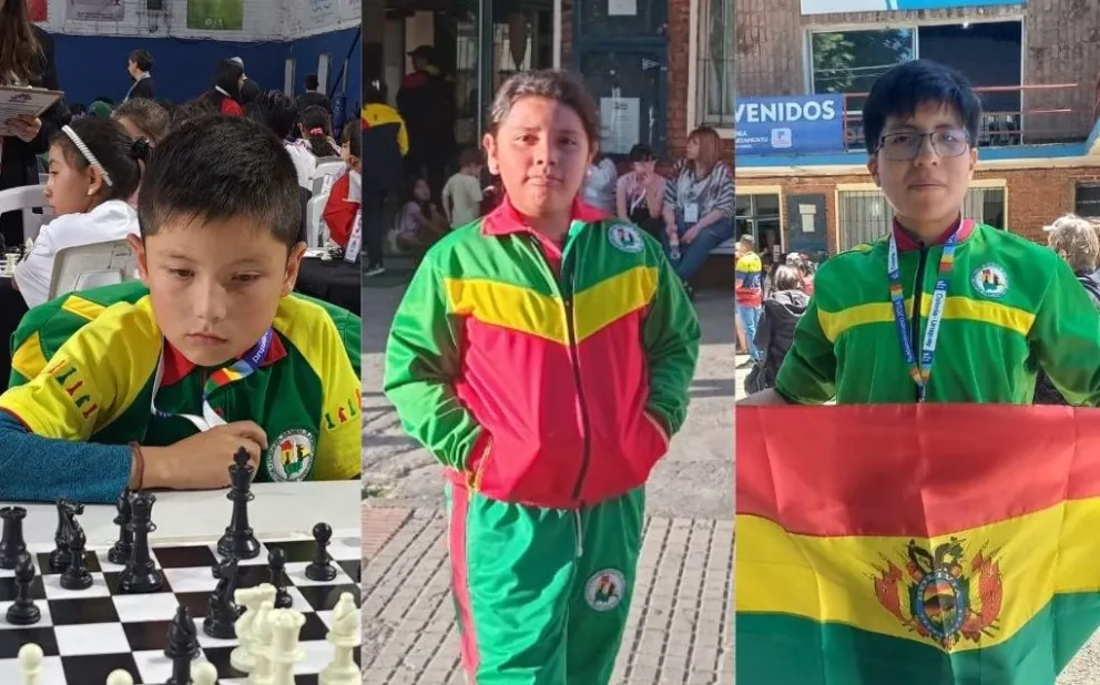 Arteaga (izq.), Mayta y Gallardo, ganaron preseas doradas en el Festival. Foto: Federación Boliviana de Ajedrez.