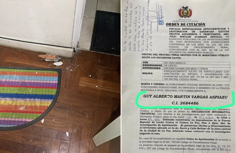 Los daños en la  puerta y la orden de citación. Foto: X de Evaliz