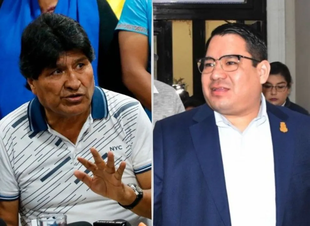El expresidente Evo Morales y el fiscal general, Roger Mariaca, en contacto con los medios de comunicación. Foto: Composición