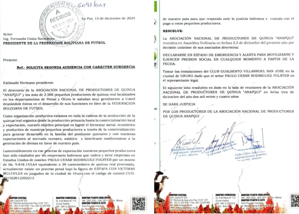 La carta que los quinueros enviaron al presidente de la FBF