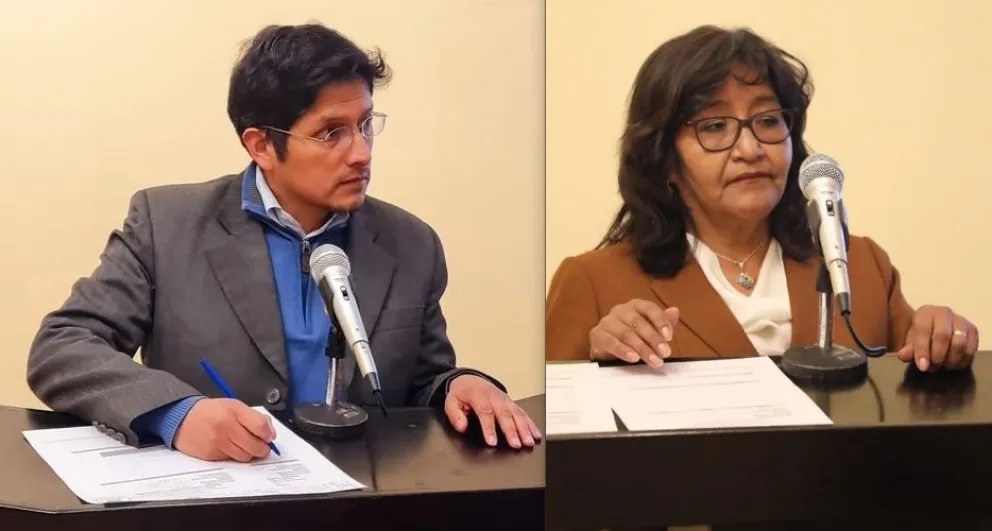 Los magistrados titulares electos Boris Wilson Arias López (TCP) y Fanny Coaquira Rodríguez (TSJ). Foto: ABI