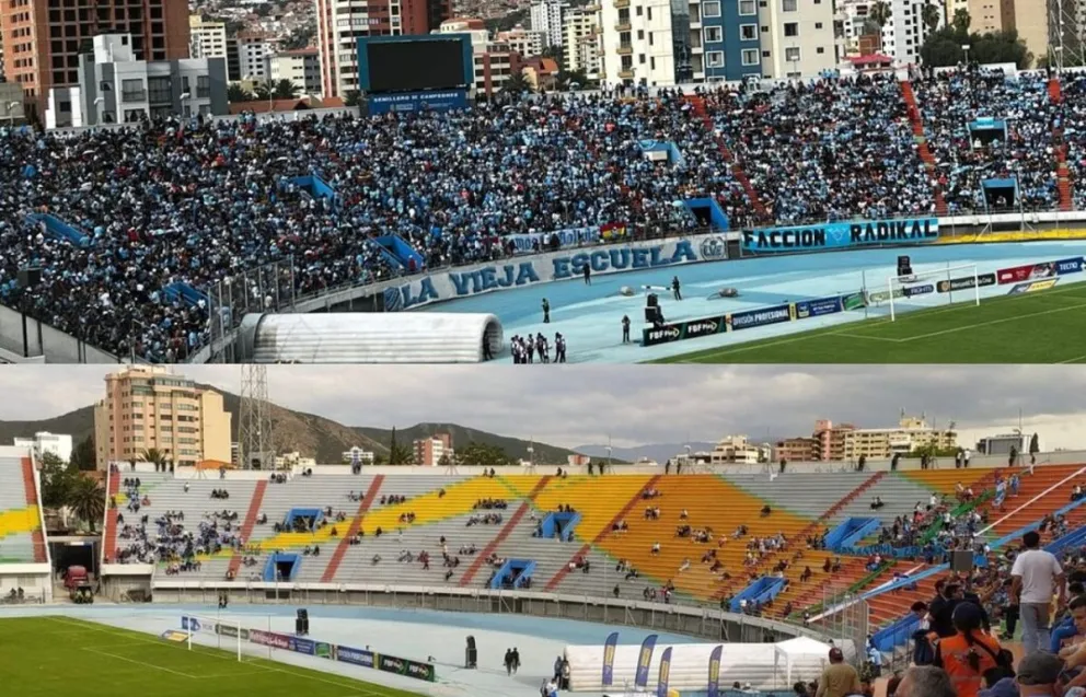 Arriba, la curva norte del Capriles repleta de hinchas de Bolívar; abajo la tribuna sur. Fotos: OD Más que Fútbol. 