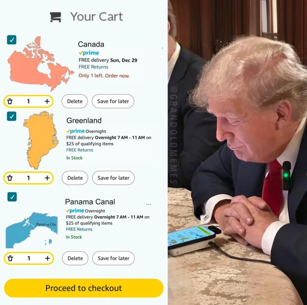 Fotografía tomada de la red social X de la cuenta de @EricTrump donde aparece el presidente electo de Estados Unidos, Donald Trump, junto a una imagen con varios mapas alusiva a la devolución de una compra en internet. Foto: EFE