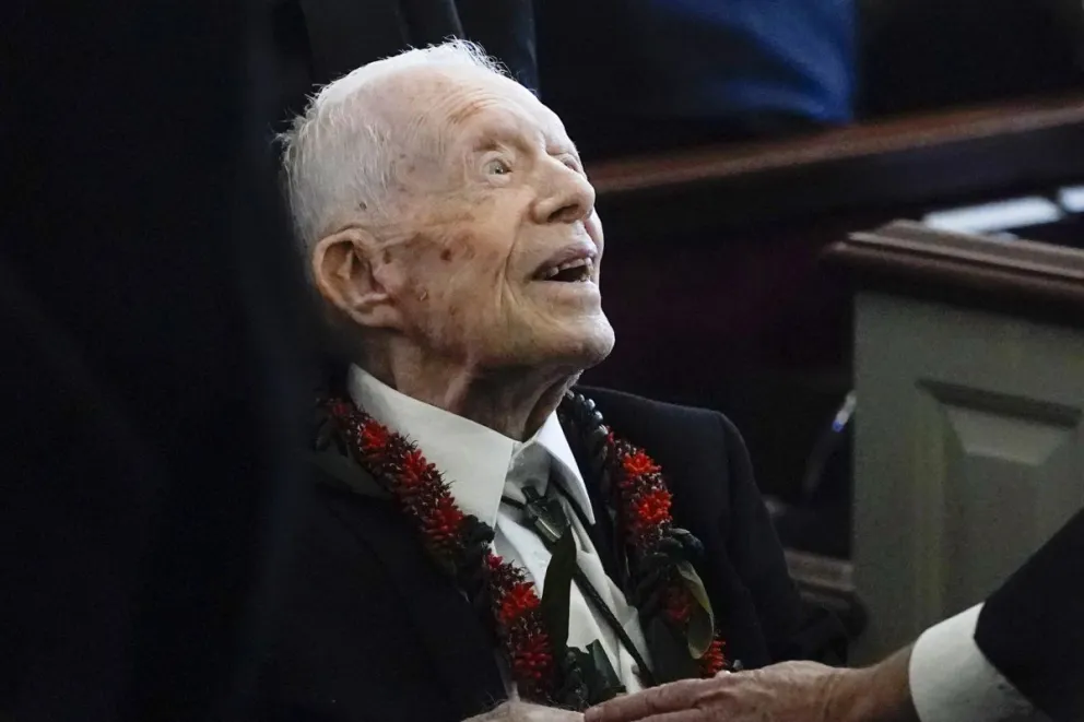 Fotografía de archivo del 29 de noviembre de 2023 del expresidente Jimmy Carter durante el funeral de su esposa, la ex primera dama estadounidense Rosalynn Carter, en Georgia. Foto: EFE