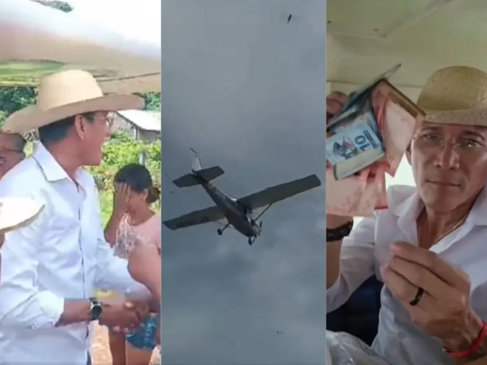 Capturas de video del sacerdote y de la avioneta, desde donde lanzó obsequios.
