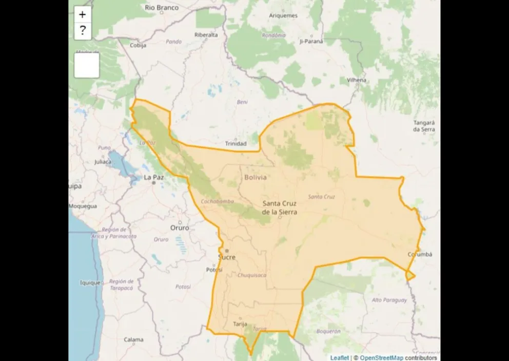 Mapa de áreas afectadas en Bolivia por alerta naranja. Foto: ABI / Senamhi