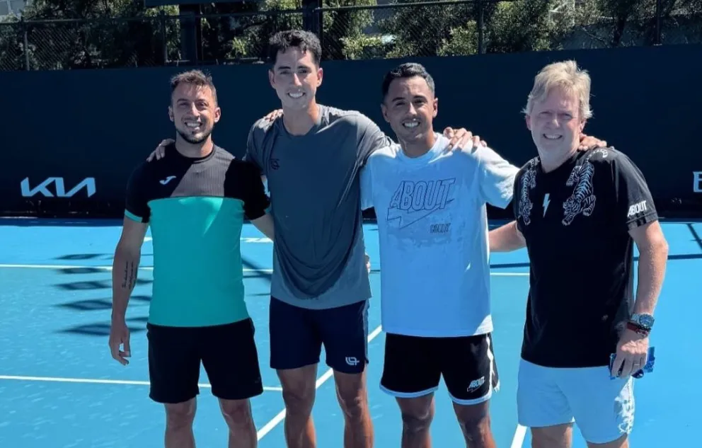 Murkel y Hugo Dellien (centro) luego de un entrenamiento en Australia. Foto: Hugo Dellien.