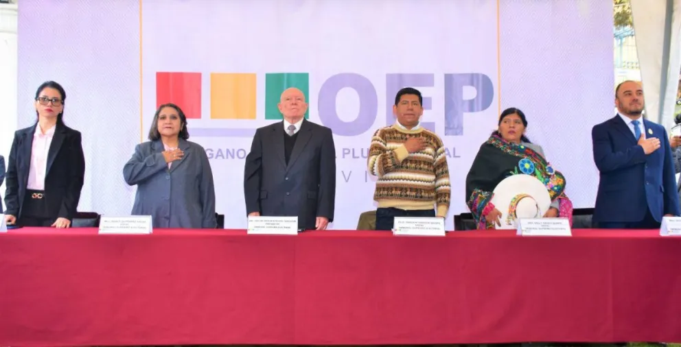 El presidente y vocales del TSE durante el informe de gestión y la rendición pública de cuentas  Foto: TSE