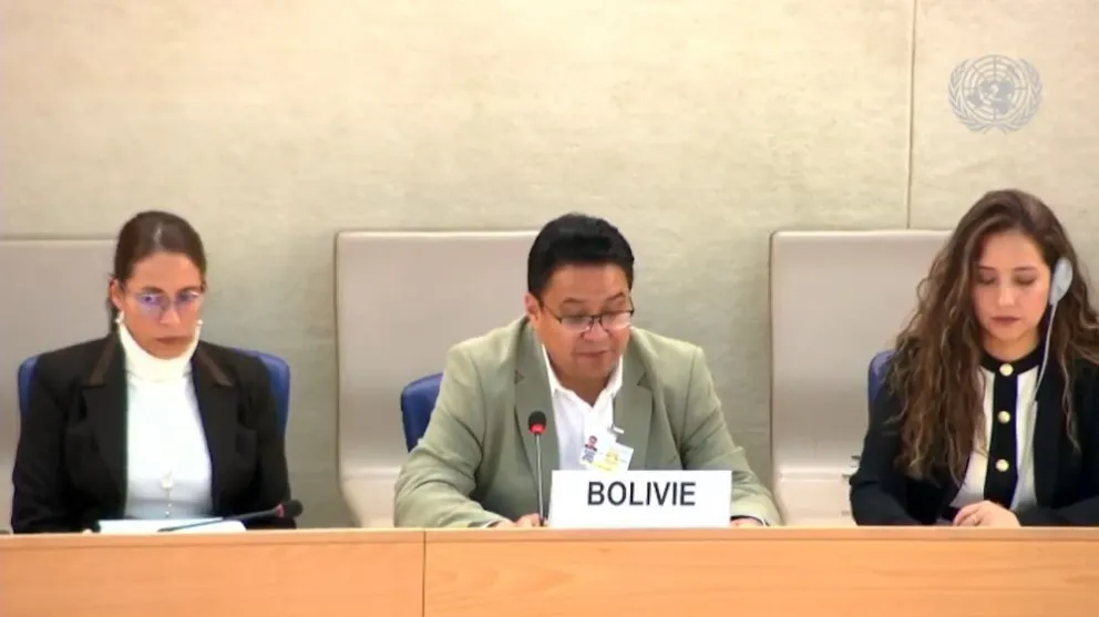El ministro de Justicia, Cesar Siles, durante el informe por el EPU, ante los países miembros de la ONU. Foto; Captura de video.