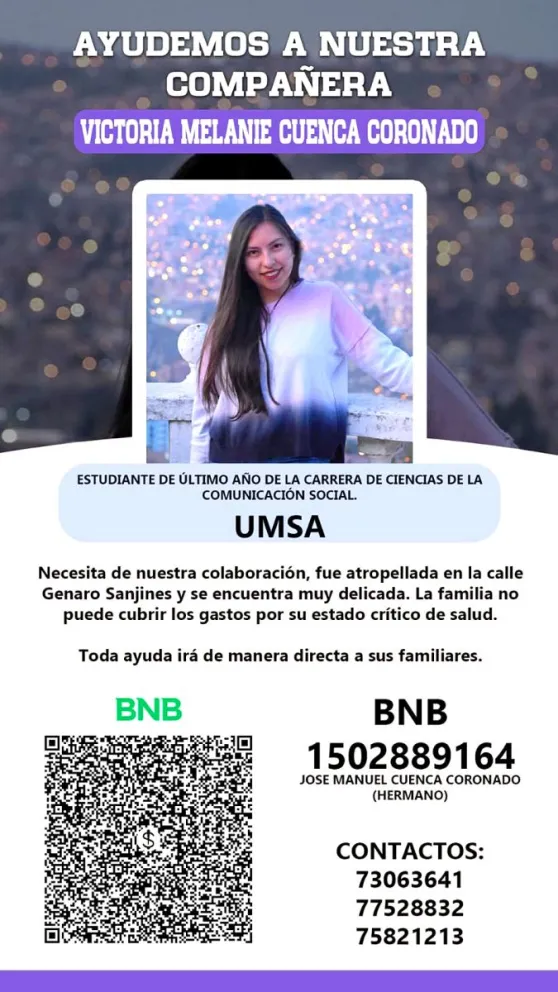 La carrera de Comunicación Social de la UMSA y familiares piden ayuda por Melanie. Foto: Captura TVU