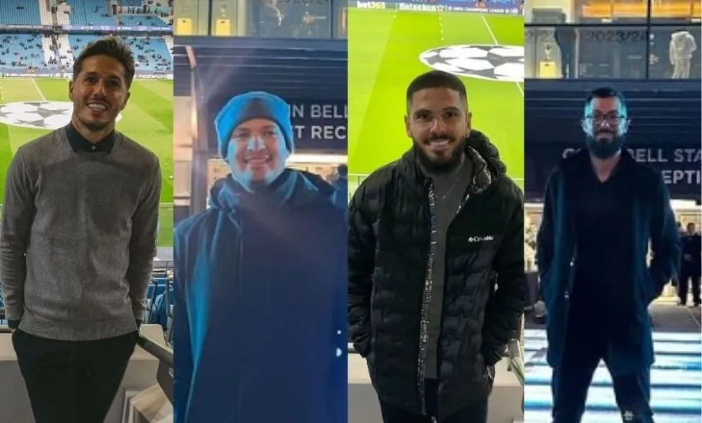 Rodríguez (izq.), Justiniano, Melgar y Sávio, en el Etihad Stadium. Fotos: Redes Sociales.
