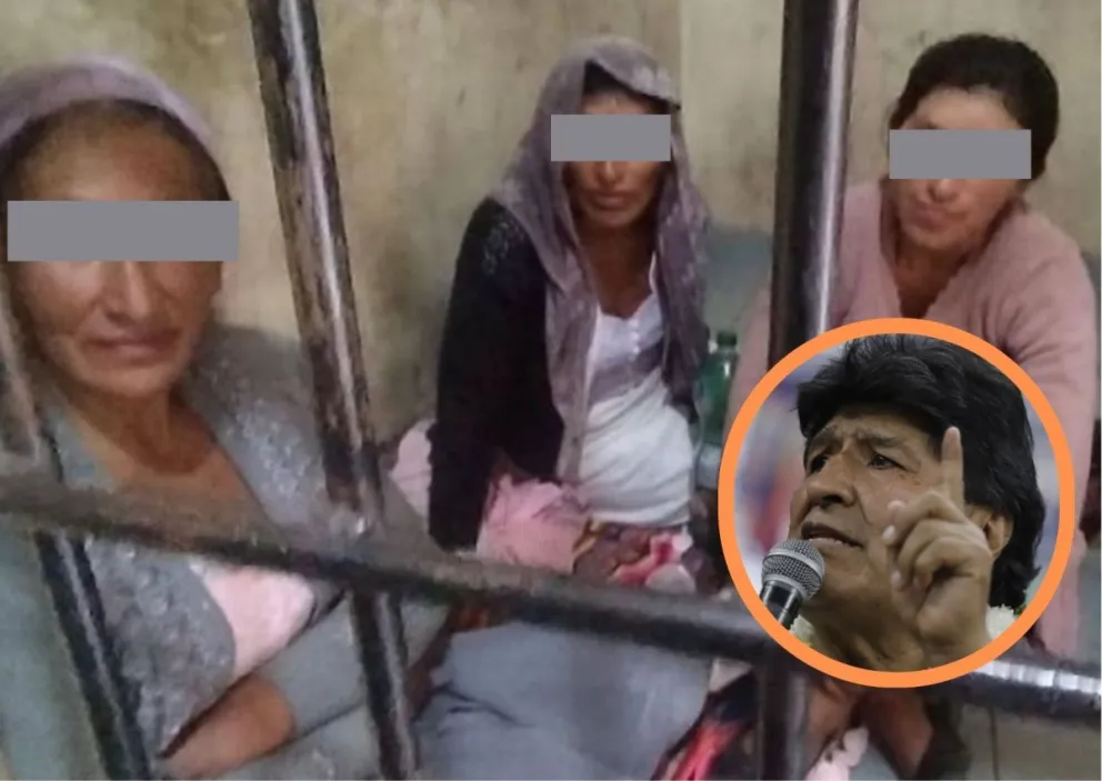 Las mujeres arrestadas por lanzar las piedras y Evo Morales. Fotos: RRSS y APG