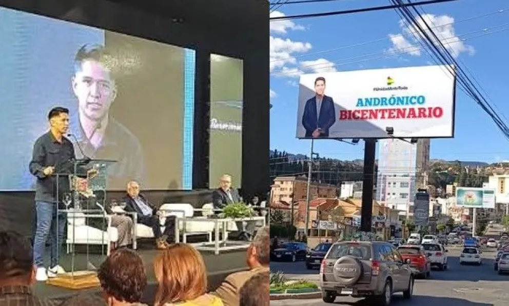 El presidente del Senador, Andrónico Rodríguez, en el foro económico, y la gigantografía con su imagen en La Paz. Foto: composición