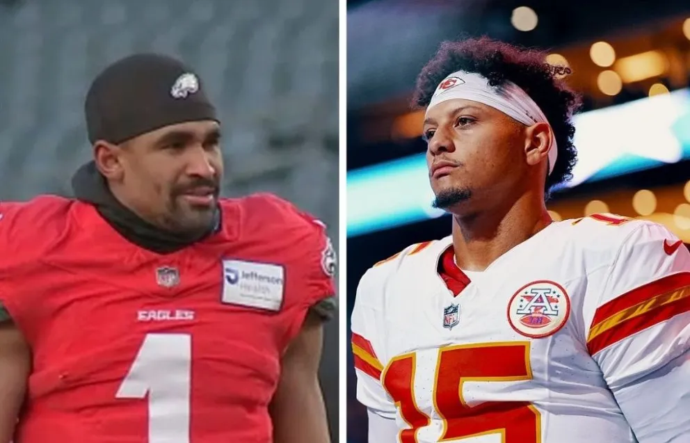 Jalen Hurts (izq.), de los Chiefs, y Patrick Mahomes, de los Eagles, los 'quarterback' de sus equipos. Fotos: Redes sociales.
