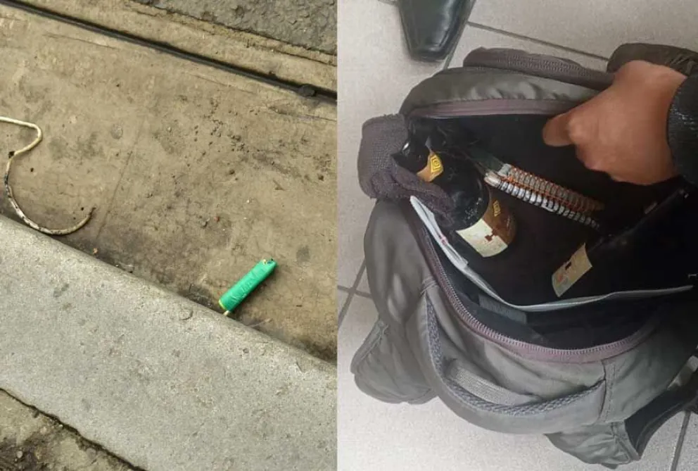 La mecha de la dinamita y la mochila del detenido. Foto: Facebook de Eduardo Del Castillo 