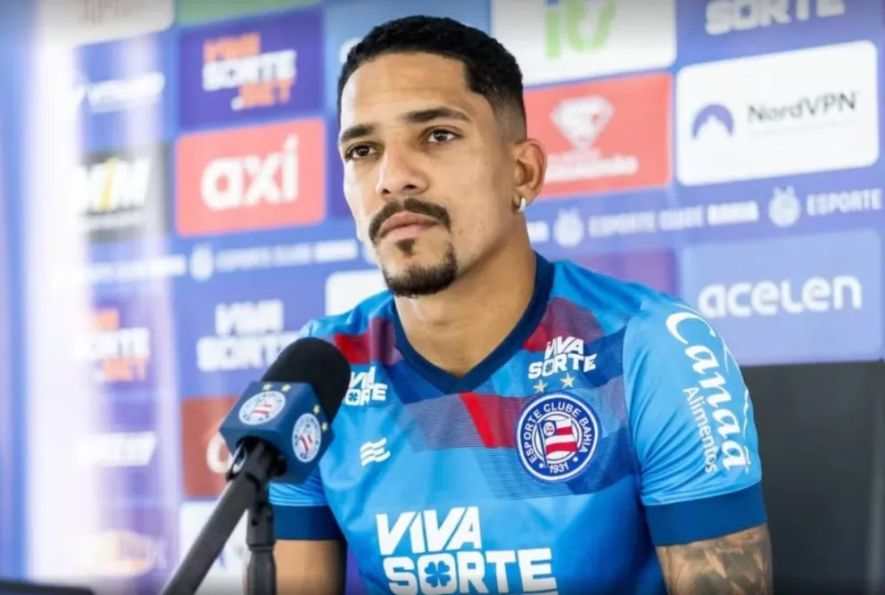 Gilberto, jugador del Bahía, durante la conferencia de prensa en la que habló del partido de Libertadores. Foto: EC Bahía