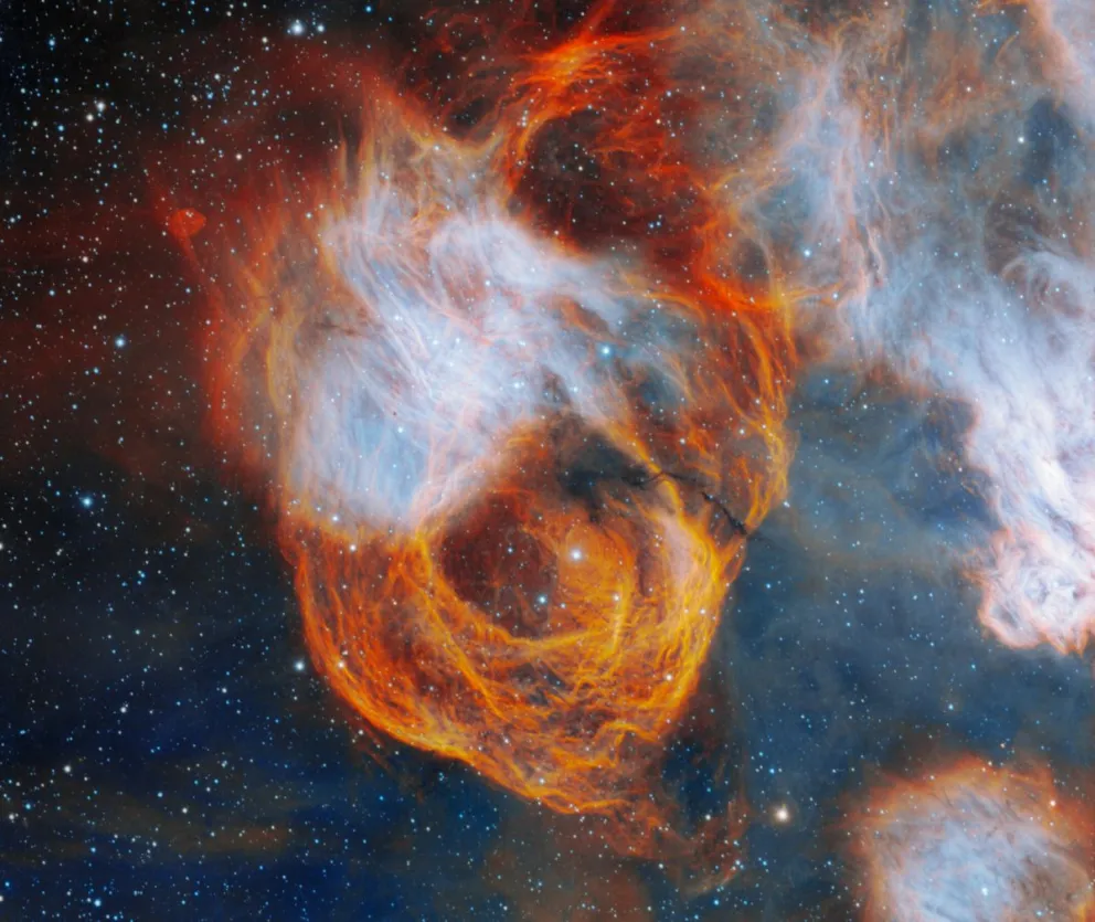 La nebulosa que encierra a NGC 2040 se asemeja a una vibrante rosa en esta imagen captada por el telescopio Gemini Sur. Foto: Observatorio Internacional Gemini/NOIRLab/NSF/AURA.