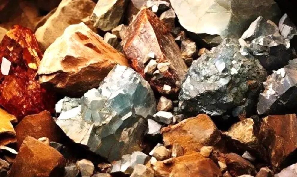  Muestra de minerales críticos en bruto, incluyendo rocas de litio (espodumena) y cobre brillante