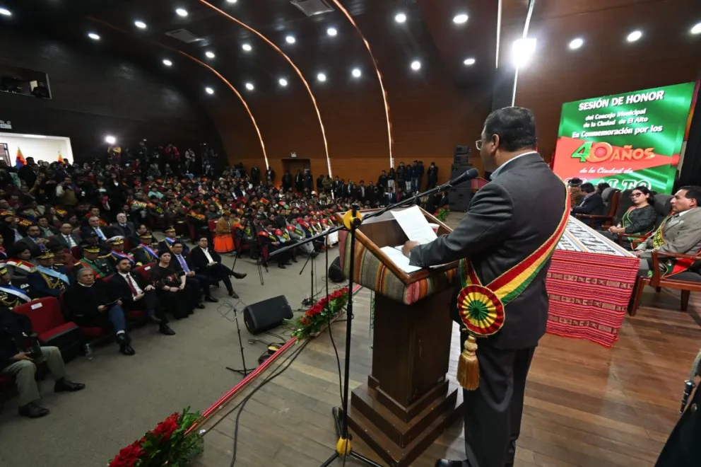 Luis Arce, durante su discurso en el acto de El Alto. Foto: RRSS del Jefe de Estado 