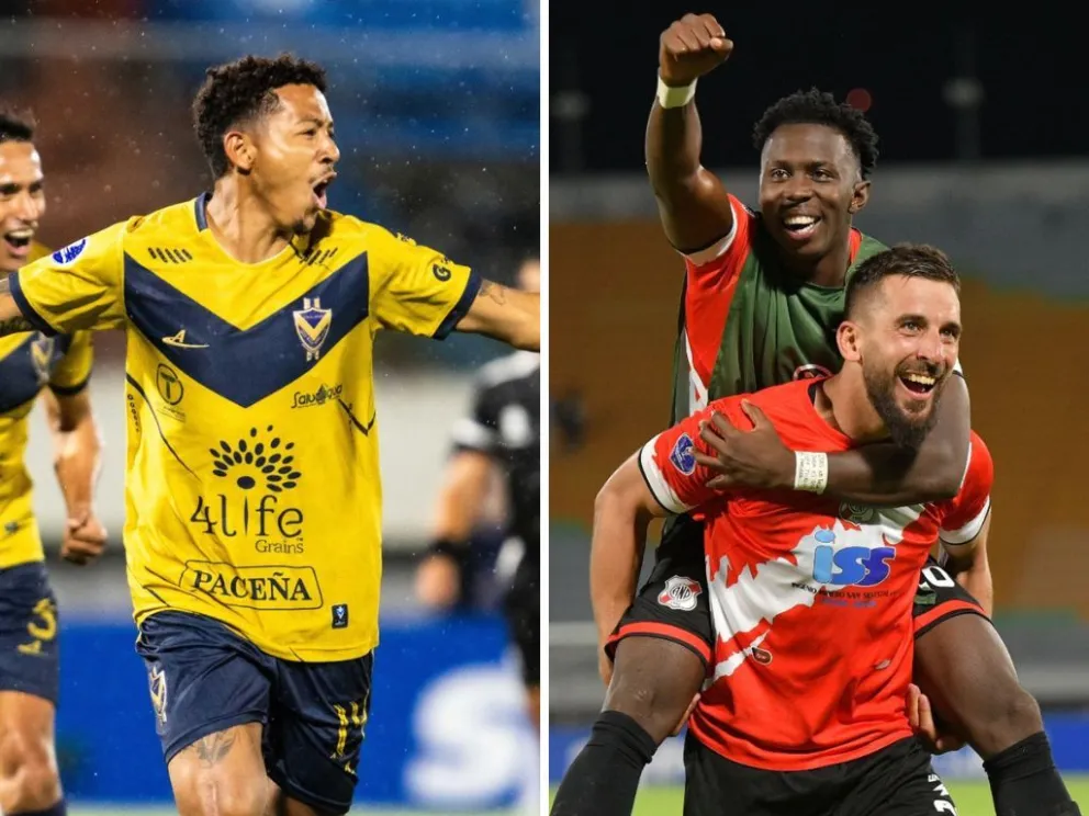 Moisés Calero, de GV San José (izq.); Dubán Palacio y Santiago Echeverría, de Nacional Potosí, festejan la clasificación de sus clubes.