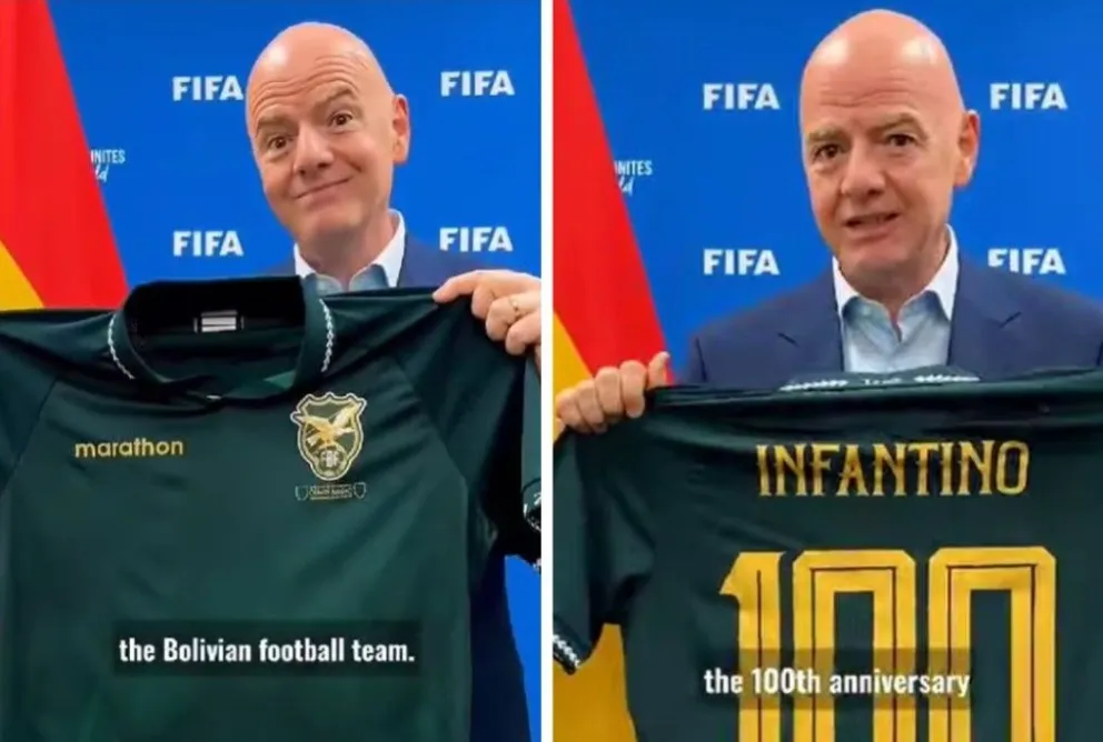 Infantino muestra la camiseta conmemorativa de los 100 años de la FBF. Foto: Captura de pantalla.