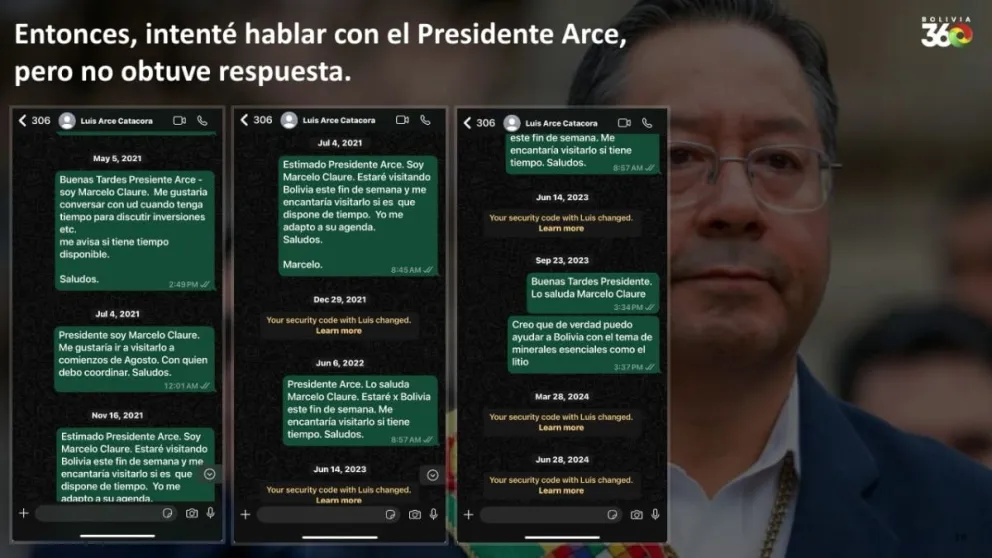 Diapositiva de Claure con los chats no respondidos. FOTO: Marcelo Claure