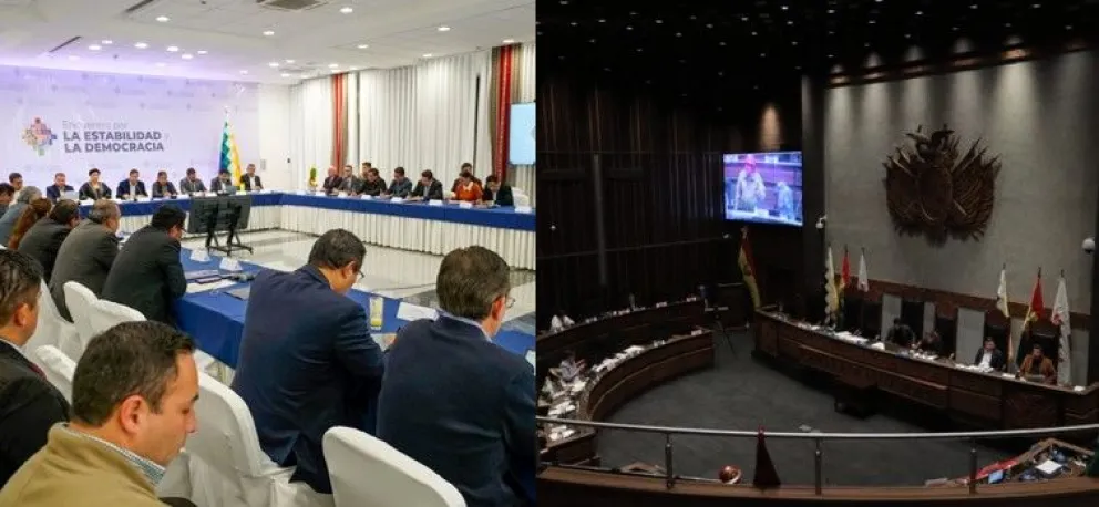 La reunión en Casa Grande del Pueblo y la sesión en la Cámara de Senadores. Foto: Composición