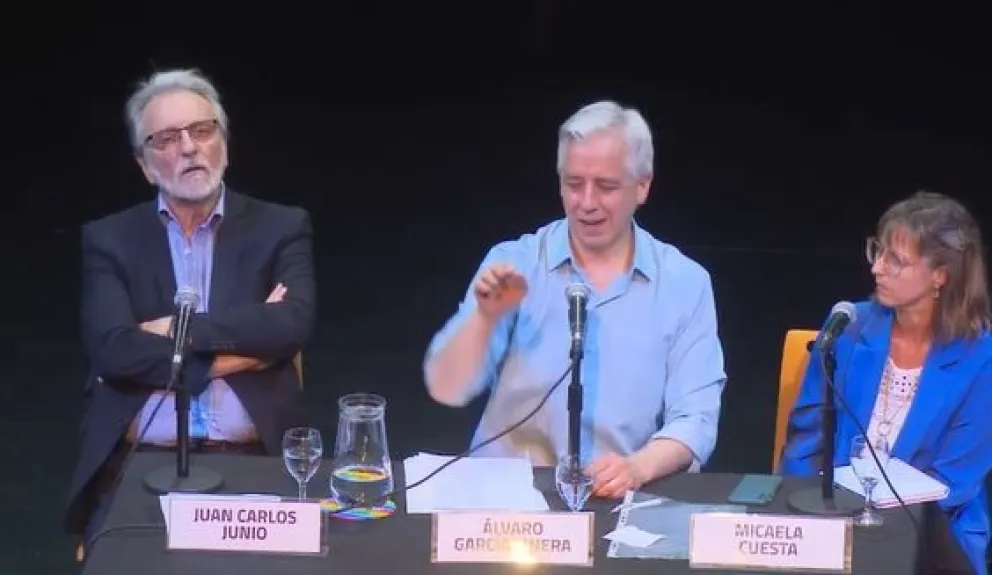 García Linera durante sus declaraciones en una conferencia en Argentina. Foto: Captura de video