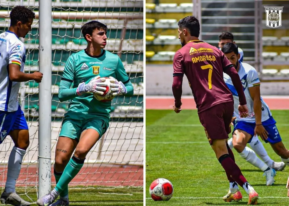 El arquero Diego Valdivia controla la pelota ante la arremetida de un jugador de GV. A la derecha, Amoroso inicia un ataque del Tigre. Foto: club The Strongest