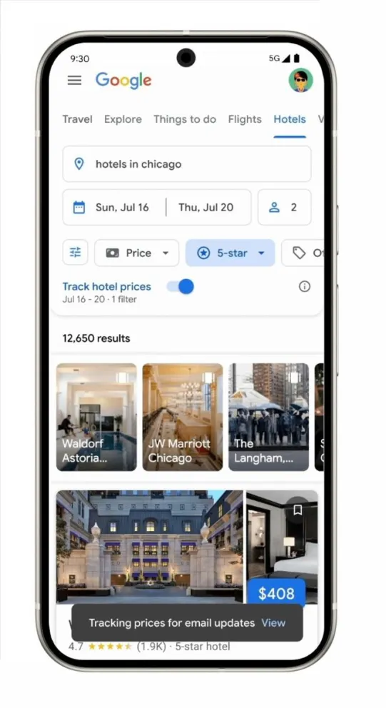 Imagen cedida por Google donde se muestra una página con un rastreador de precios para hoteles que podrá mandar alertas a los usuarios si los precios bajan, según anunció la compañía este jueves. Foto: EFE