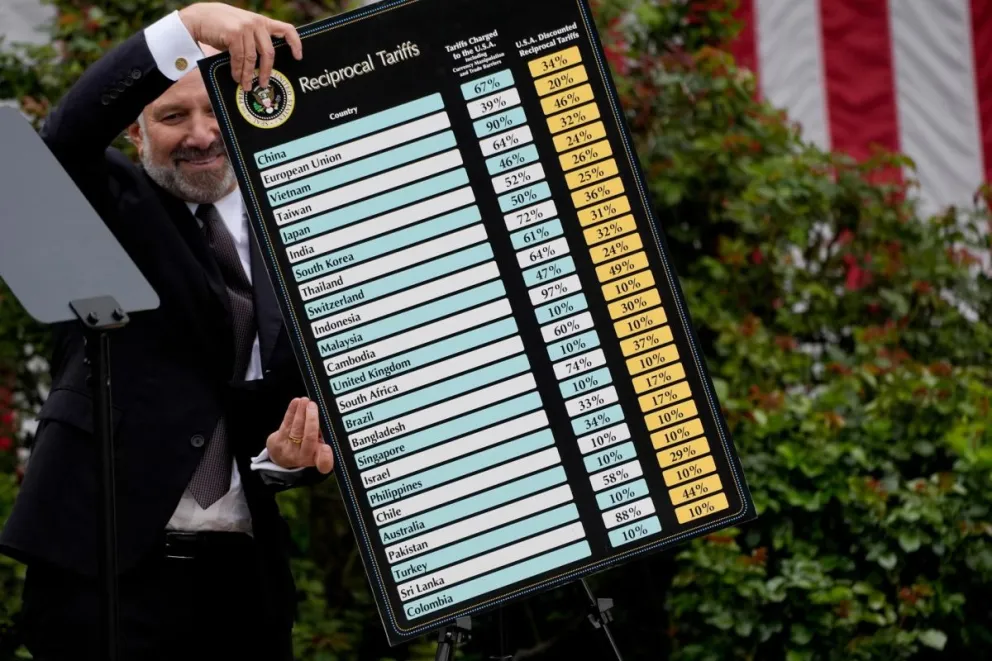 El secretario de Comercio de EEUU, Howard Lutnick, al levantar uno de los tableros donde se anunciaron los montos de lo "aranceles recíprocos". Foto: EFE