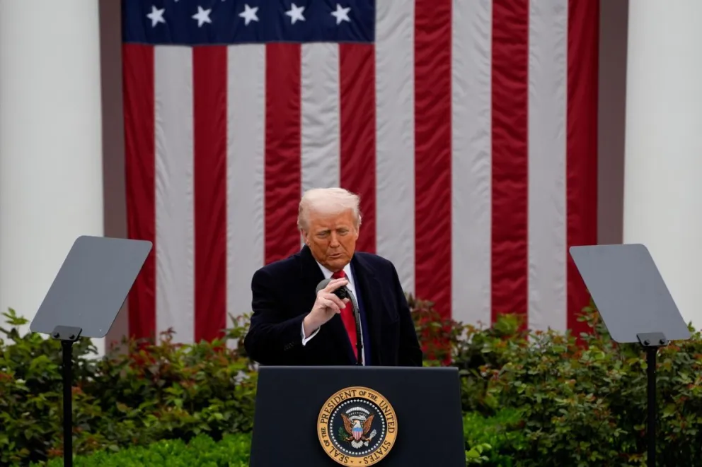 El presidente de EEUU, Donald Trump, habla durante el anuncio sobre los aranceles en Washington, el 2 de abril. Foto: EFE