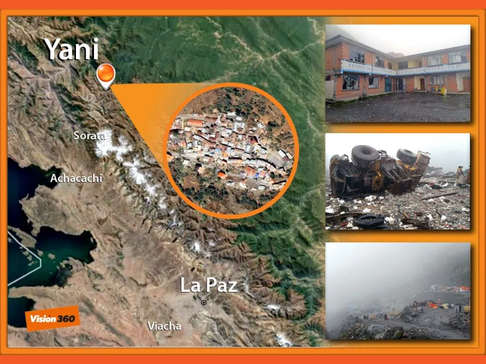Yani, donde ocurrió el hecho que dejó al menos cinco fallecidos. Montaje: Visión 360. Fotos: Radio Perlandina Sorata