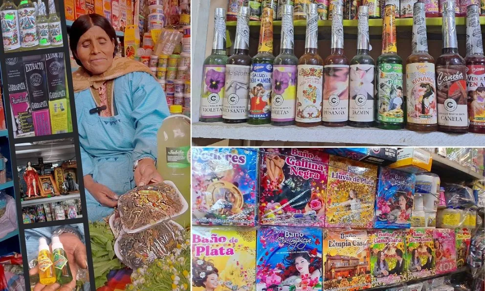 Salomé es vendedora desde sus 13 y en los cuadros, algunos productos esotéricos. Foto: Carlos Quisbert