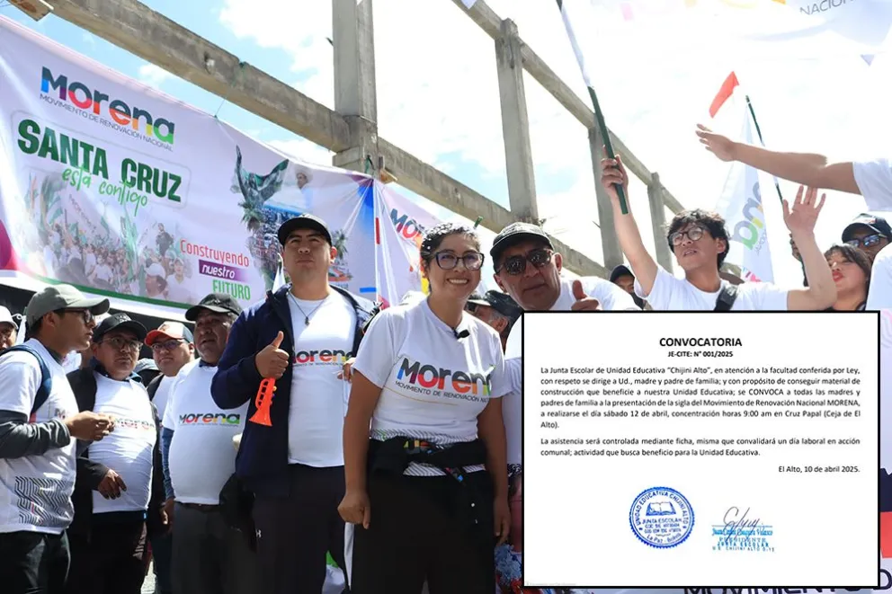 La alcaldesa de El Alto en el acto de lanzamiento de su partido. En recuadro, una de las citaciones de las juntas escolares. Foto: APG - Visión 360