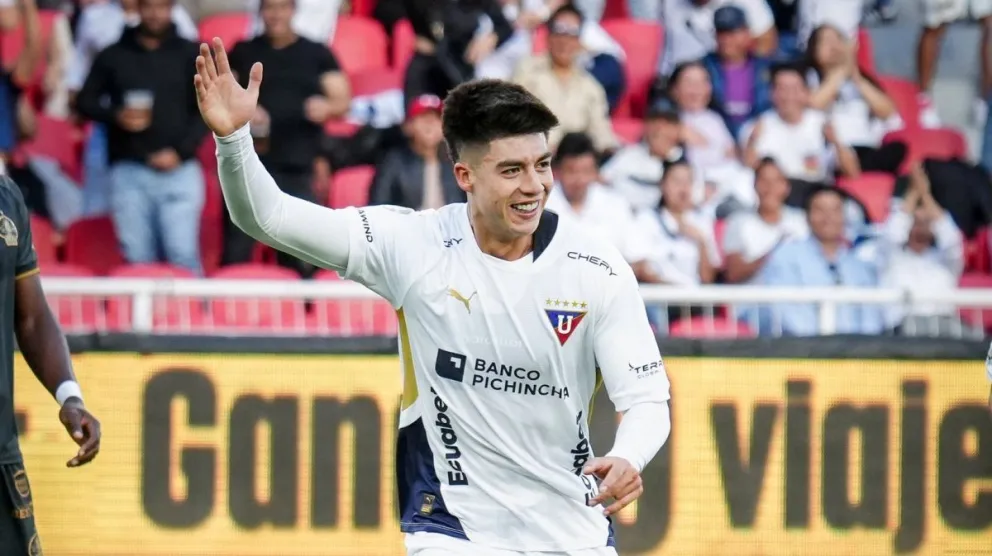 gabriel Villamil festeja su gol de este viernes en Ecuador. Foto: Liga de Quito. 