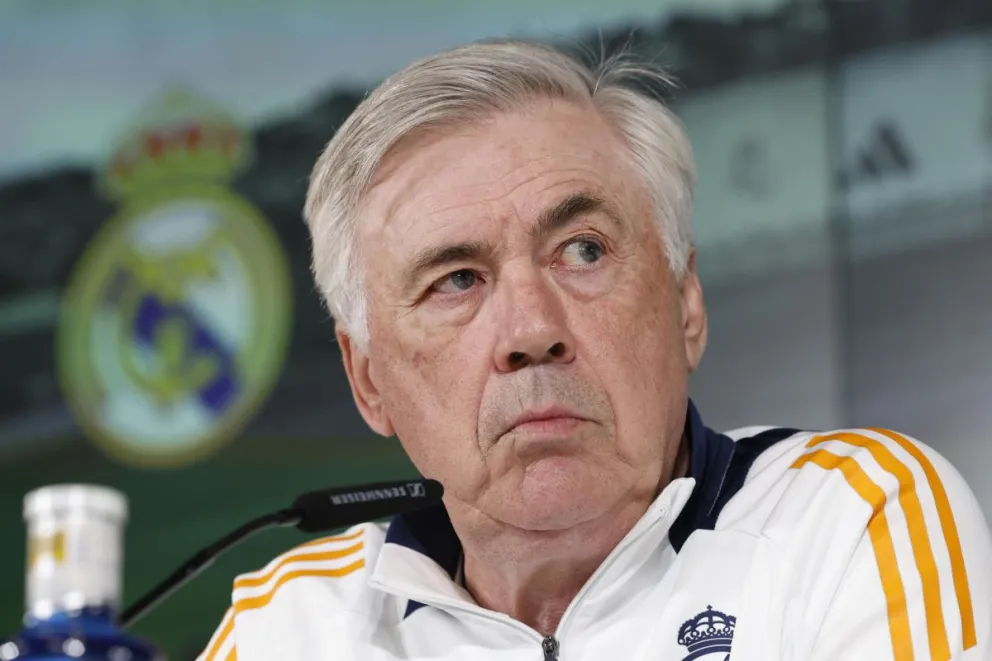 Carlo Ancelotti, el técnico del Real Madrid, durante la rueda de prensa tras dirigir el entrenamiento este sábado. Foto: EFE