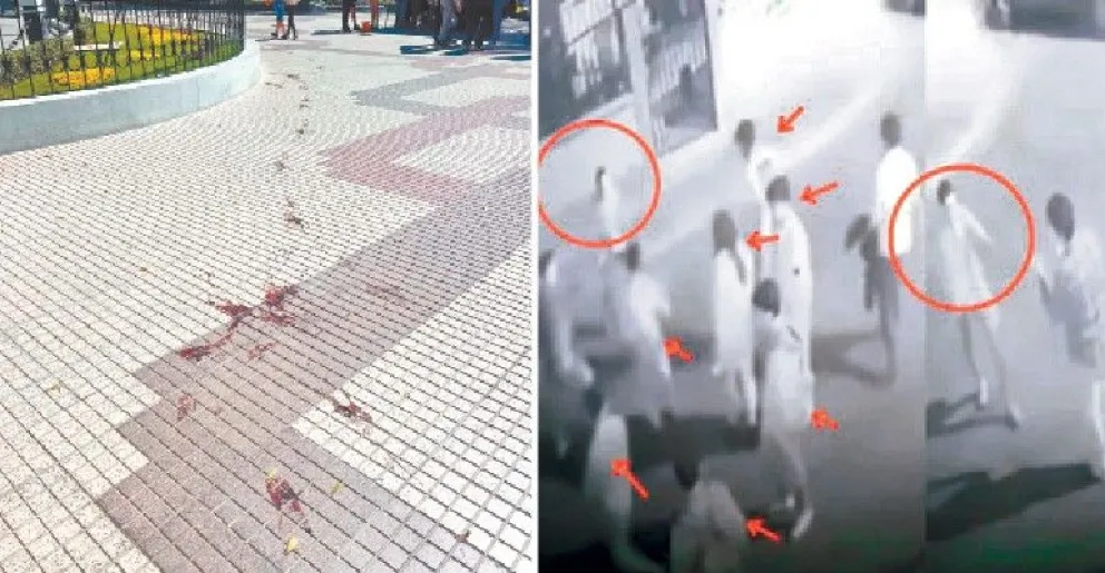 La plaza Abaroa, con manchas de sangre, el pasado domingo.  Imágenes de la pelea que dejó un muerto y dos heridos en la Av. Ecuador. Foto: Junta de Vecinos de Sopocachi