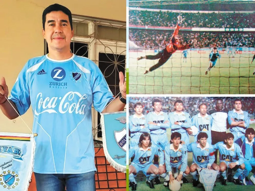 Mercado en su domicilio en Cobija, a la derecha el gol que le marcó al Verdao y abajo Bolívar 1975. Fotos: MM