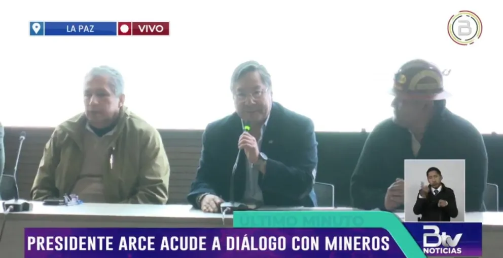Luis Arce en la reunión con el sector minero.   Foto: Captura Bolivia TV