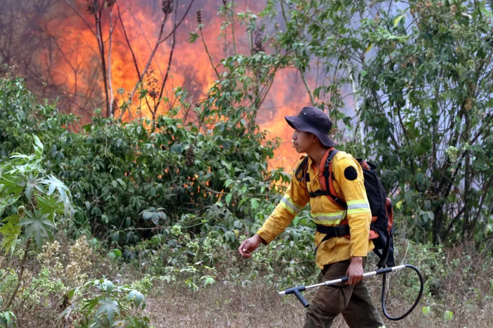 Fotografía de archivo de un bombero que trabaja apagando un incendio en la comunidad de Palestina (Bolivia). Foto: EFE