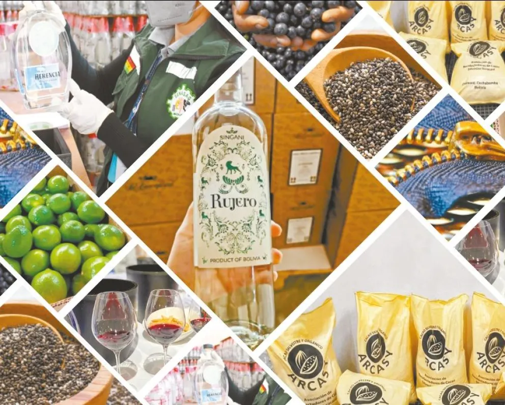 Productos de la oferta exportable de Bolivia: singanis, cierres, vinos, cacao, limón, chía y otros. Foto: Composición