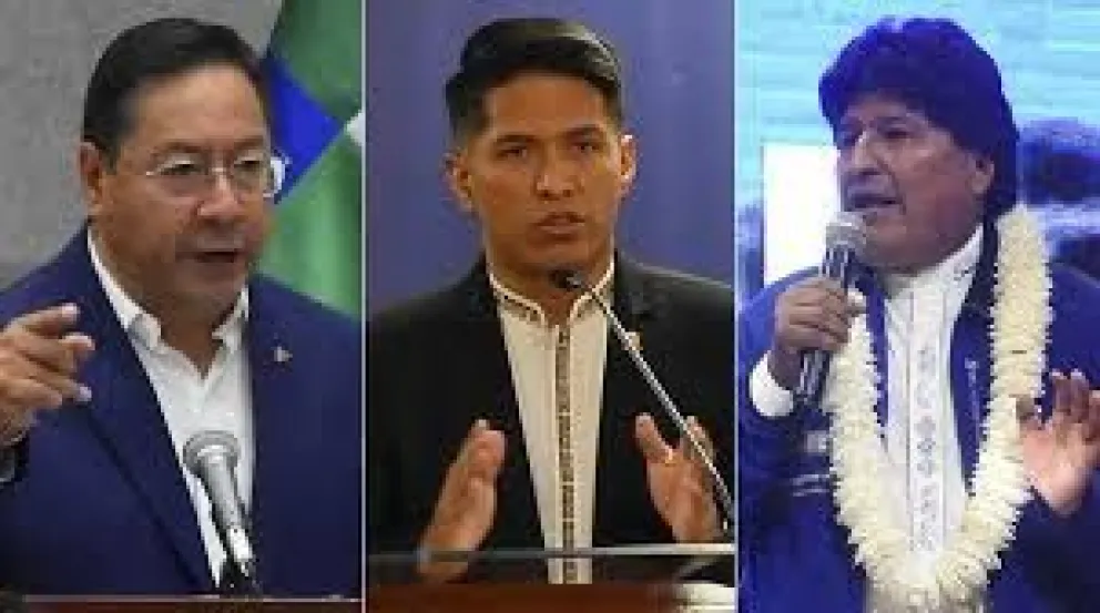 El presidente Luis Arce, el presidente del Senado, Andrónico Rodríguez y el expresidente Evo Morales. Foto: RTP