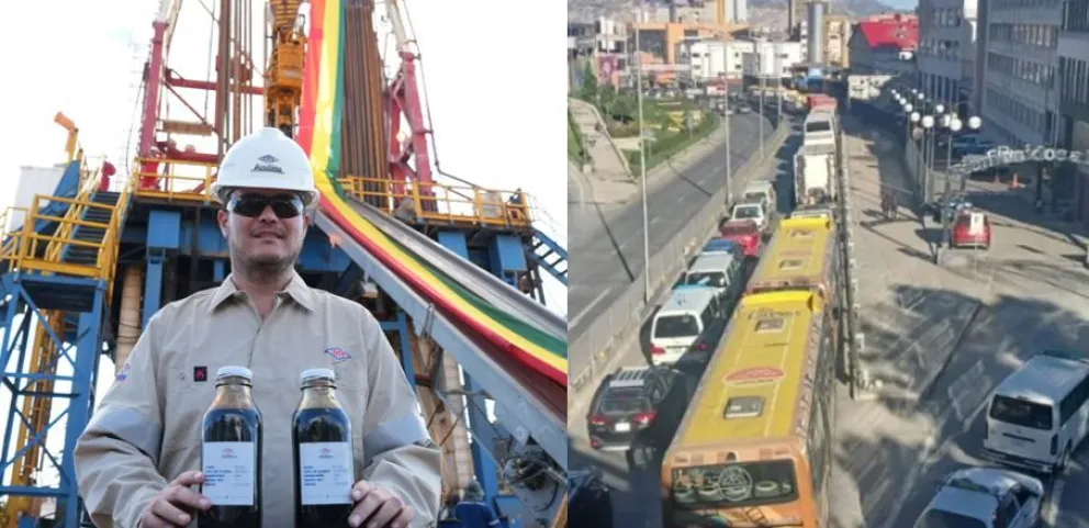 El presidente de YPFB, Armin Dorgathen, en el pozo exploratorio y las filas de motorizados por combustible. Foto: composición